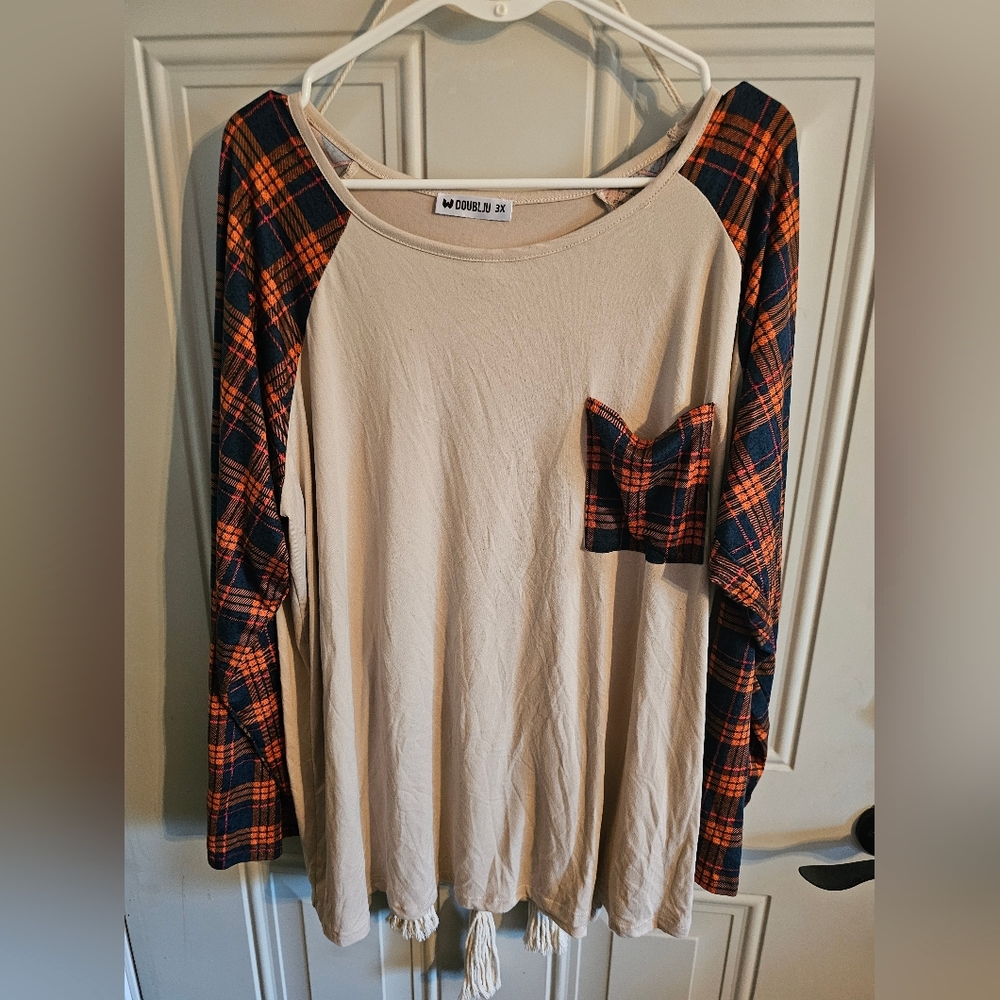 Doublju Beige Top with Plaid Sleeves